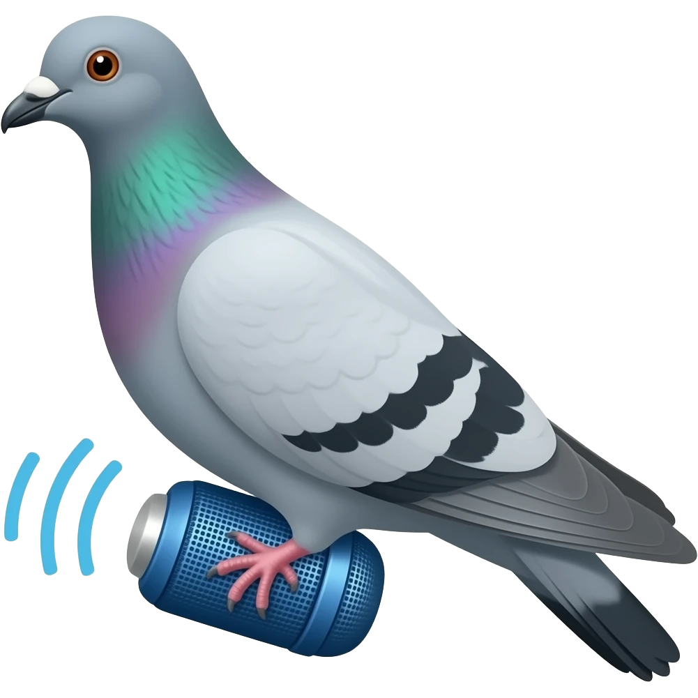 A messenger pigeon carrying a blue tooth speaker emoji