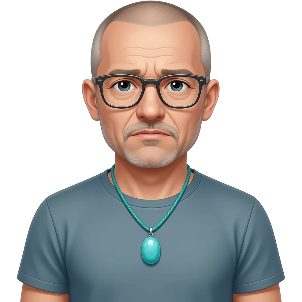 Turquoise semi-precious pendant on paracord t shirt sad almost bald shaved short hair full-length photo of extreme streetwear clean-shaven face cool boy thin metal-framed glasses ery entellectual man, 60 years old, street wear stubble, shaved short with clippers emoji