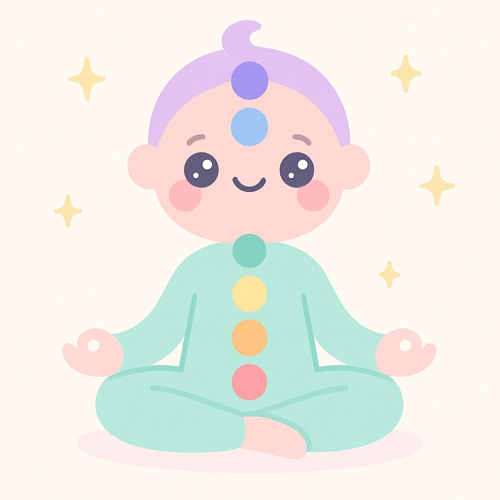 meditative figure sitting in lotus, chakras highlighted with rainbow colors, soft lines, relaxing artistic style, light background emoji