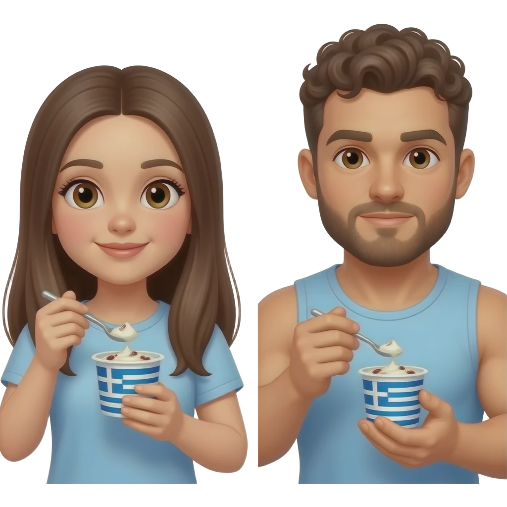 Realistic pale skin brown long straight hair girl eating greek yogurt and her short brown curly hair and beard muscular man eating greek yogurt HD emoji