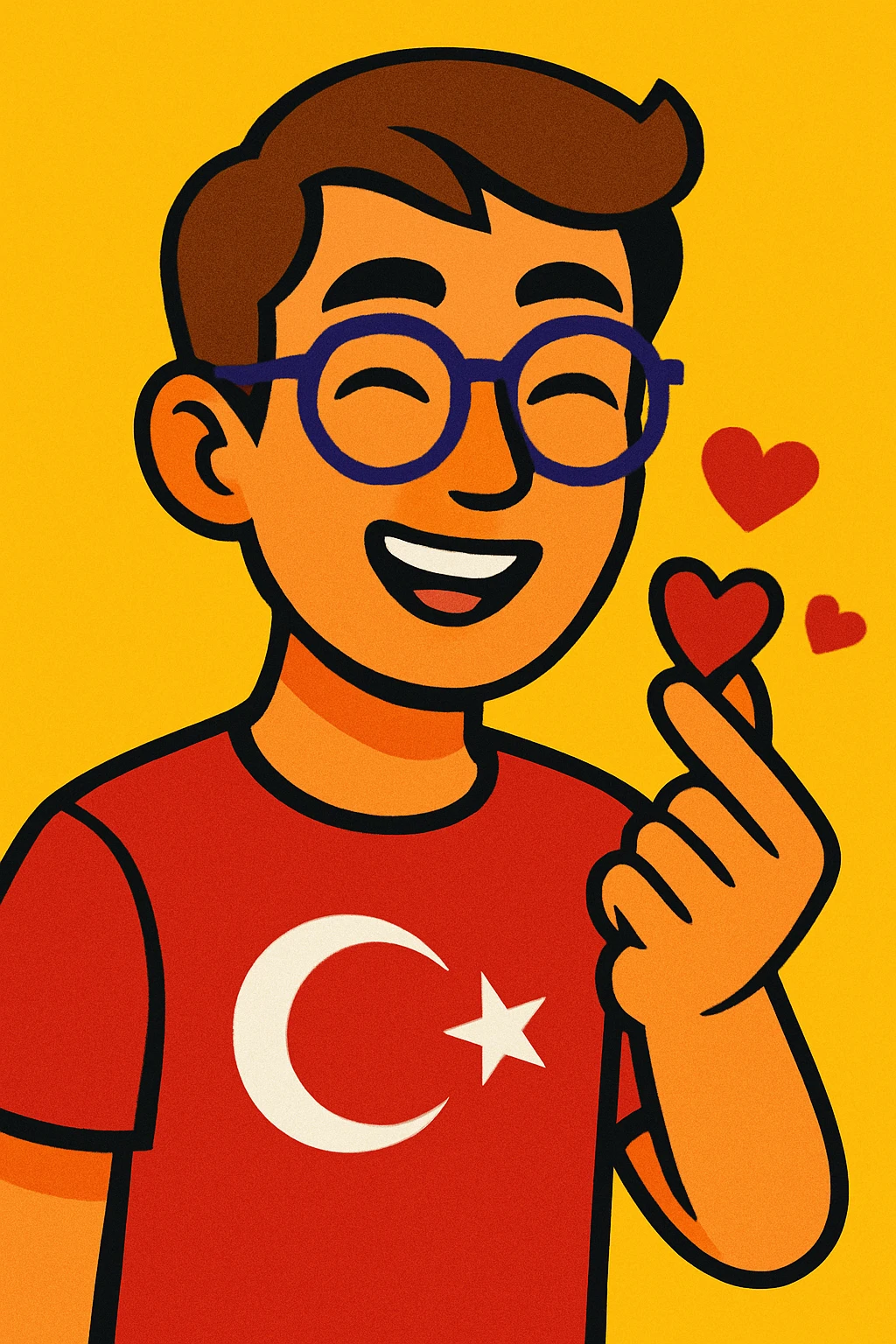 colorful and vibrant illustration of a Turkish young man with slightly slanted eyes, wearing glasses, making a heart gesture with his hand, slightly tanned and light brown hair emoji