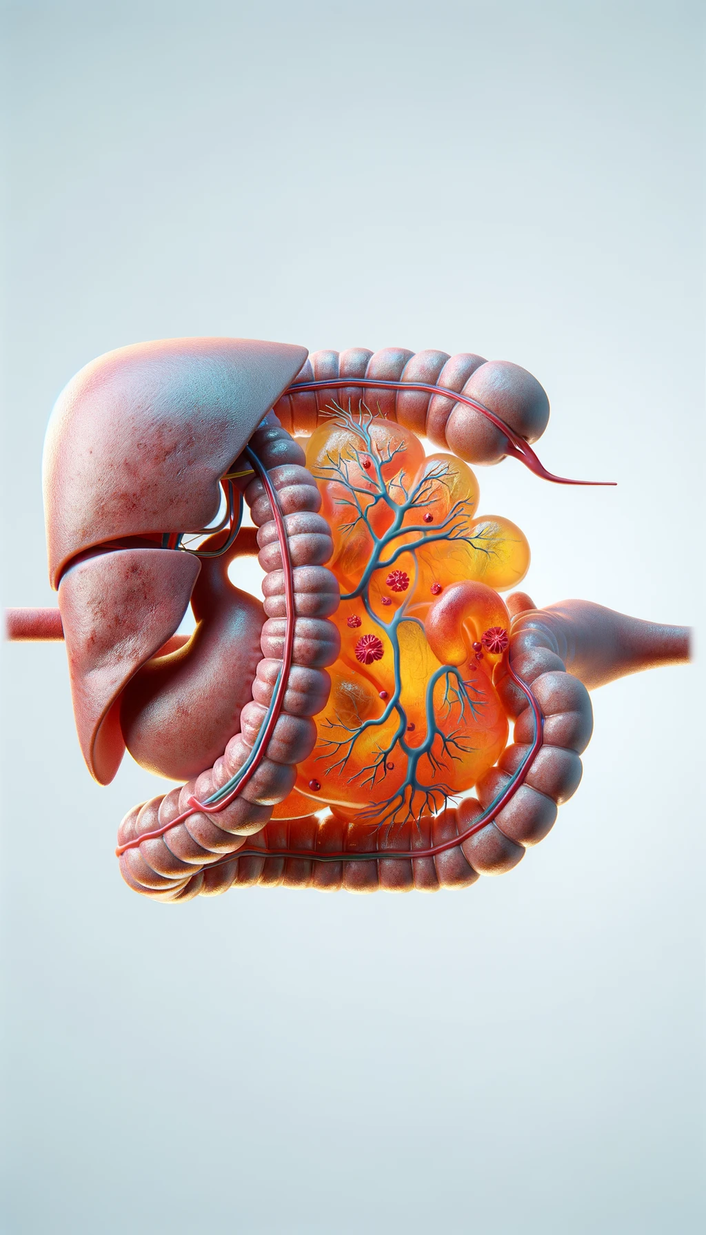 cistifellea umana anatomica realistica e intestino sono collegati nel dolore, sfondo chiaro emoji