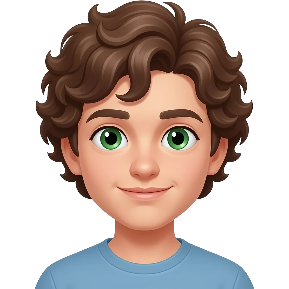 Emoji de chico adolescente con rulos marrones y ojos verdes emoji