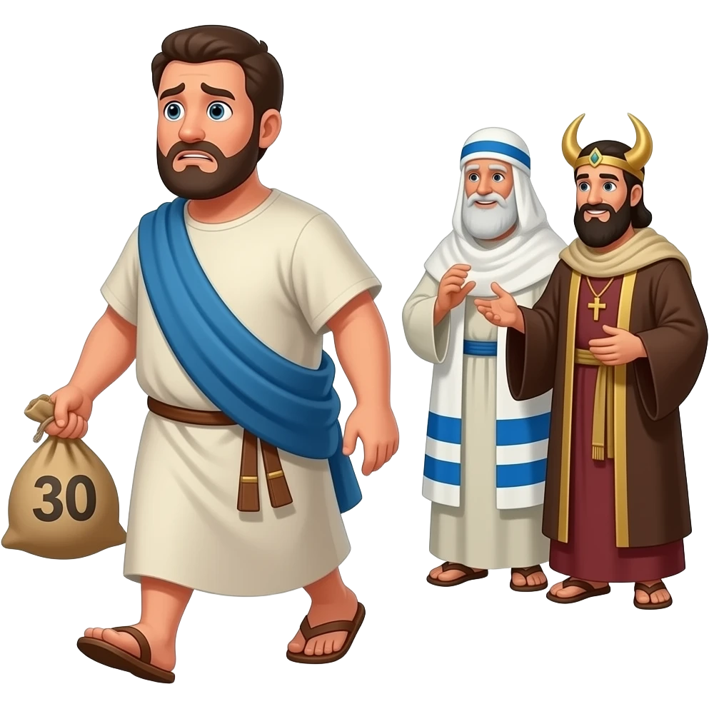 A full bodied short hair man, wearing old clothing from biblical times , holding a sack of 30 silver coins closely to him with a nervous look on his face , walking away from isrealite and religious leaders with satisfied faces and Satan grinning and lurking near by emoji