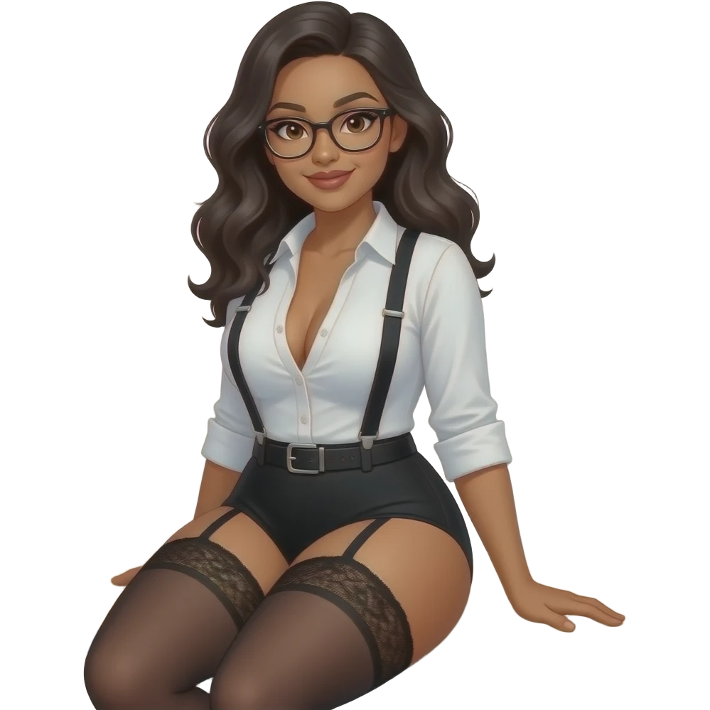 Curvy woman with brown skin with long wavy black hair, brown eyes. Glasses, She's wearing a tight white shirt unbuttoned the whole way down ,showing cleavage, black lace thong, black stockings and suspender belt, she's sat in the edge of a desk emoji