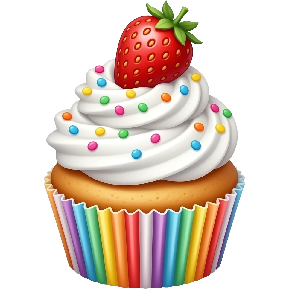 A cute and delicious cupcake topped with fluffy white whipped cream, colorful rainbow sprinkles, and a fresh strawberry on top, highly detailed, soft lighting, pastel tones, clean minimal background, realistic texture, high resolution emoji