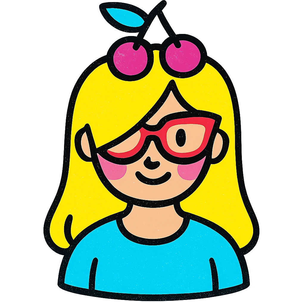 A woman with long blonde hair covering one eye, baby blue shirt, cherry accessories on her head, and red glasses, vibrant colorful style emoji