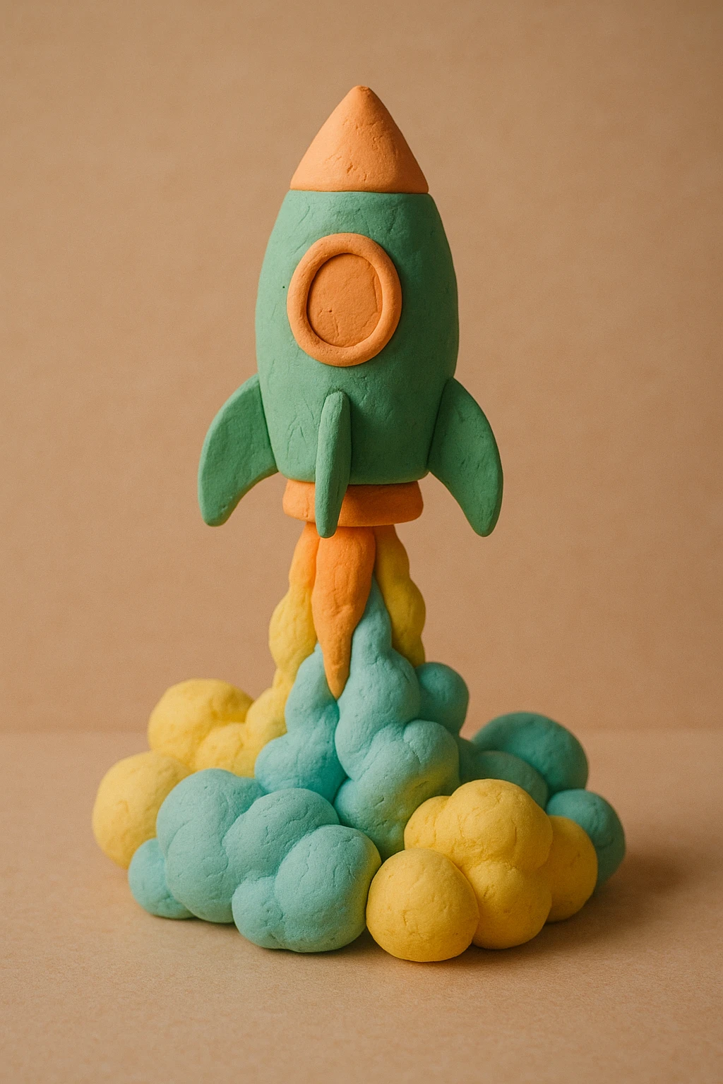 rocket ship blasting off with colorful smoke, matte finish, pastel colors, visible fingerprints, claymation style, green and orange rocket, pastel blue and yellow smoke emoji