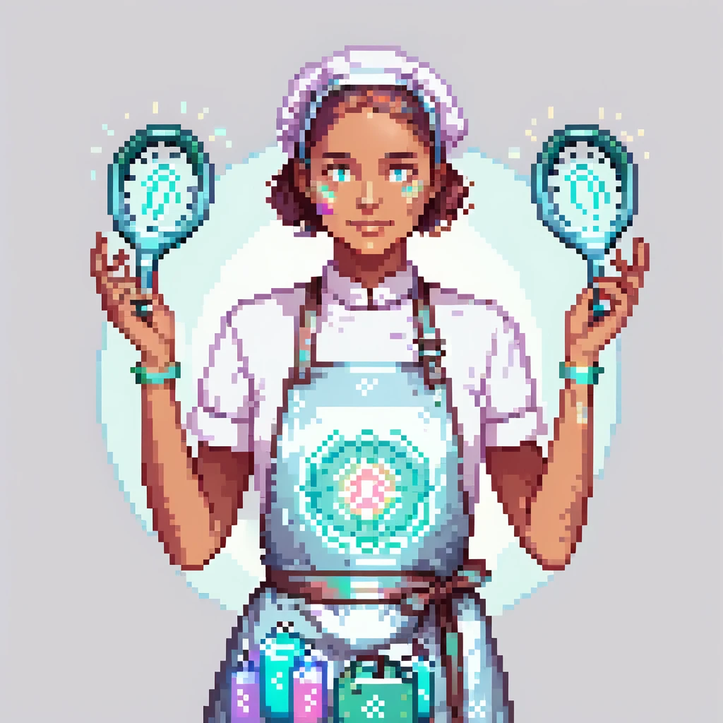 Portrait of a futuristic baker in skeuomorphism style, same pose and lighting as previous levels, wearing a translucent apron with holographic patterns, glowing hologram interface floating around hands, holding a digital whisk made of light beams, subtle neon reflections on face and clothes emoji