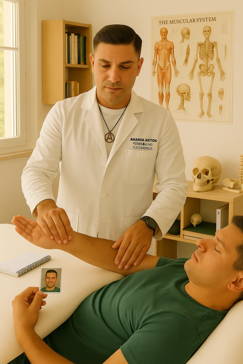 a middle-aged man, dressed in casual professional attire, is in a bright, organized therapy studio. Durante una visita di kinesiologia, il ragazzo tiene con una mano la foto di una persona lontana (il “testimone”) tiene la foto in mano, mentre con l’altra mano esegue un test muscolare su un cliente presente senza foto lui non tiene la foto. Sullo sfondo si vedono libri di kinesiologia, poster anatomici e strumenti tipici della disciplina. L’atmosfera è concentrata e serena, con luce naturale che entra dalla finestra, sottolineando l’aspetto alternativo e umano della pratica. emoji