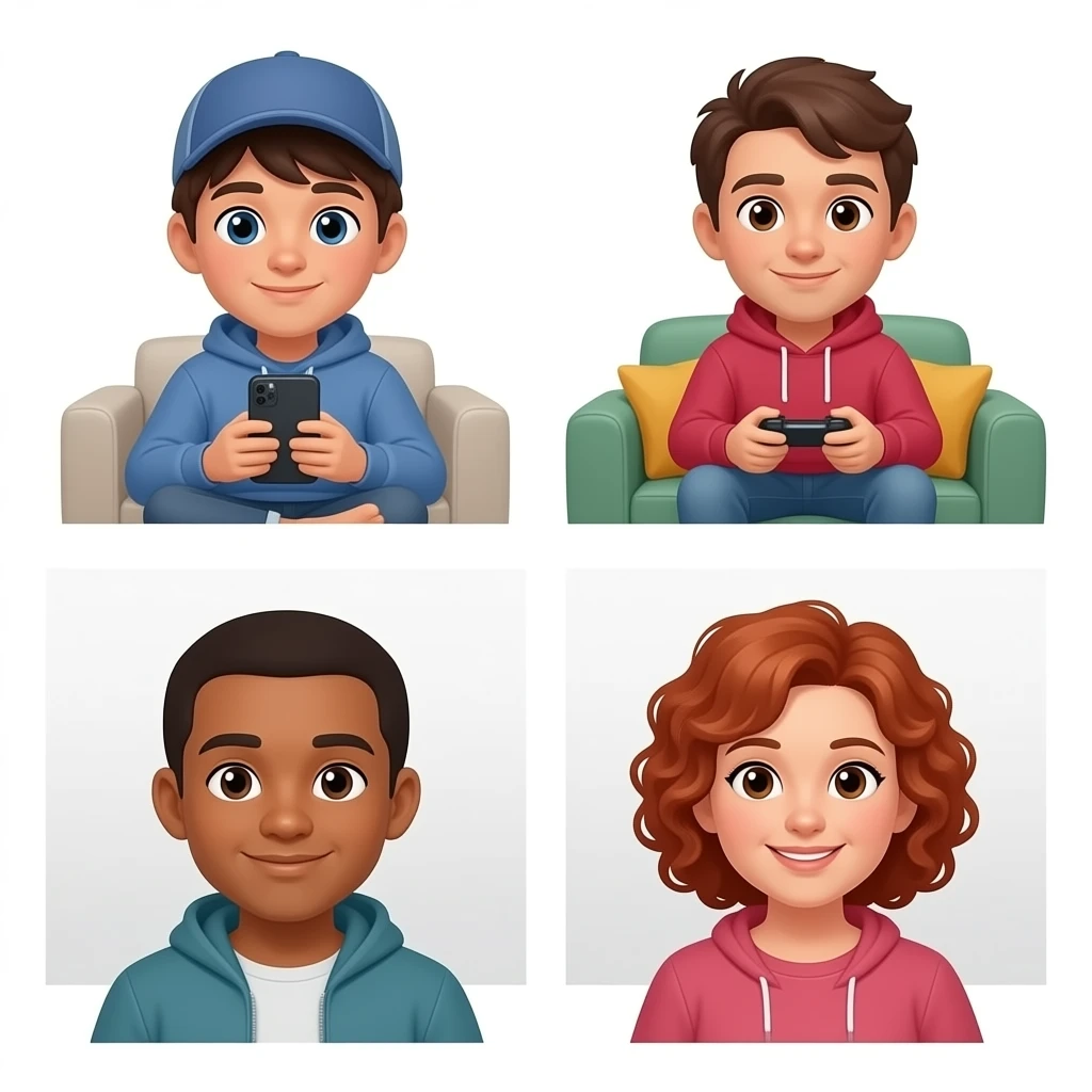 A brown-haired teenager with a cell phone sits sideways on the couch with his feet up, wearing a cap, sweatshirt, and jeans no smiling. Another teenager sits on the couch playing video games, wearing a hoodie. A brown-haired, tan-skinned father and a red-haired, curly-haired mother watch emoji