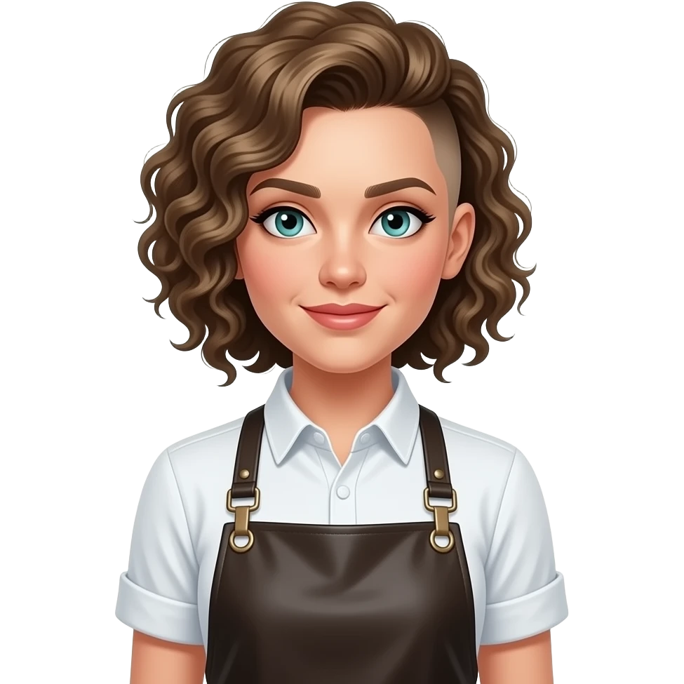 an androgynous (female) chef with an apron and dark blonde curls on top and with a tight fade on the sides - androgynous  short sleeve white button up with rolled sleeves, and a leather apron. blue/green eyes emoji