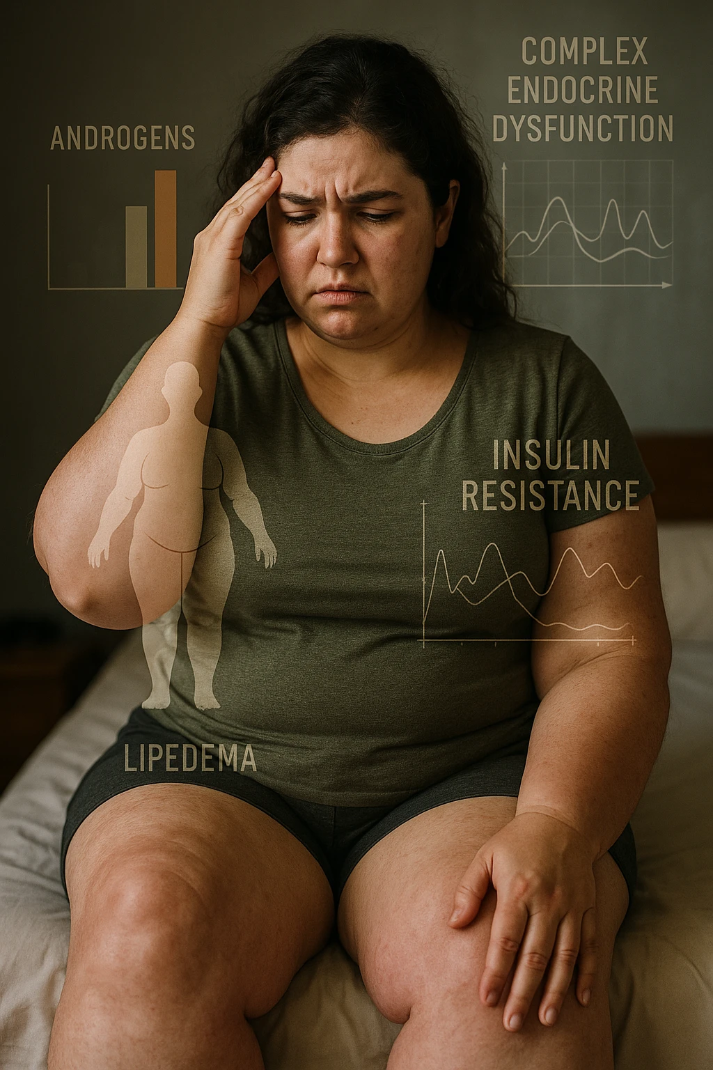 cinematic realistic in italiano Woman with PCOS struggling with hormonal chaos, transparent overlay showing elevated androgens and insulin resistance affecting her body, lipedema causing disproportionate fat accumulation in legs and arms despite normal torso, expression of frustration with unexplained weight gain, medical charts showing complex endocrine dysfunction, painful swollen limbs contrasting with metabolic confusion in italiano emoji