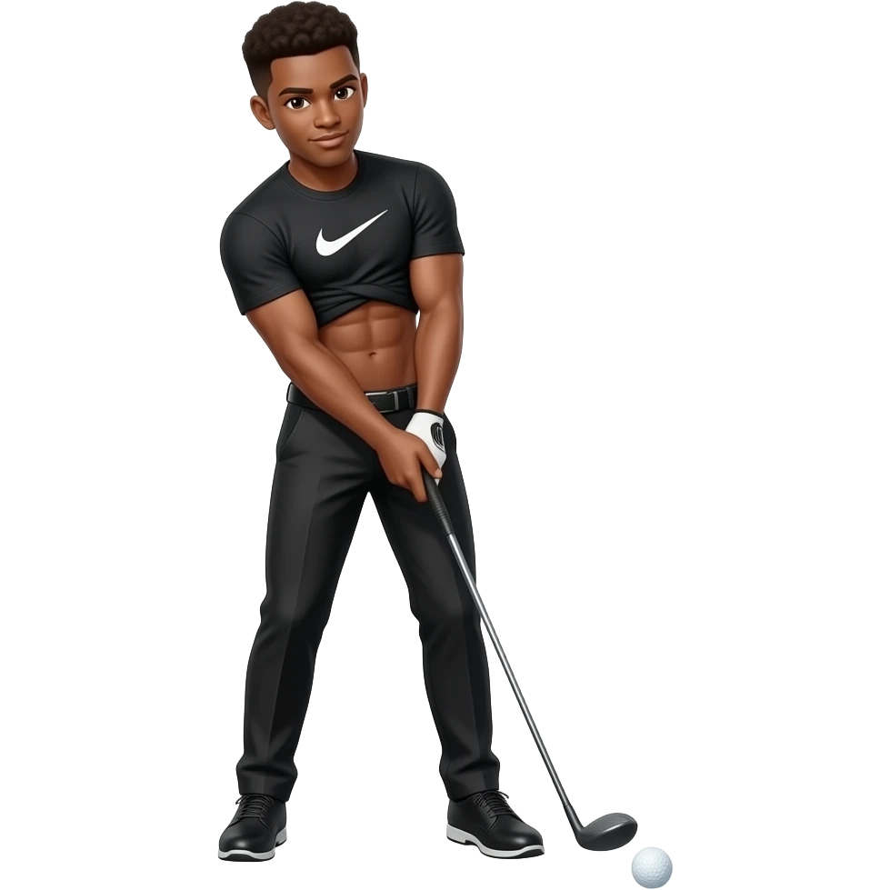 black skinned 22 year old man with a brown low taper fade in a very tight black nike t shirt where you can see his abs through his shirt and black golfing pants and black golf shoes he is also hitting the ball hard emoji