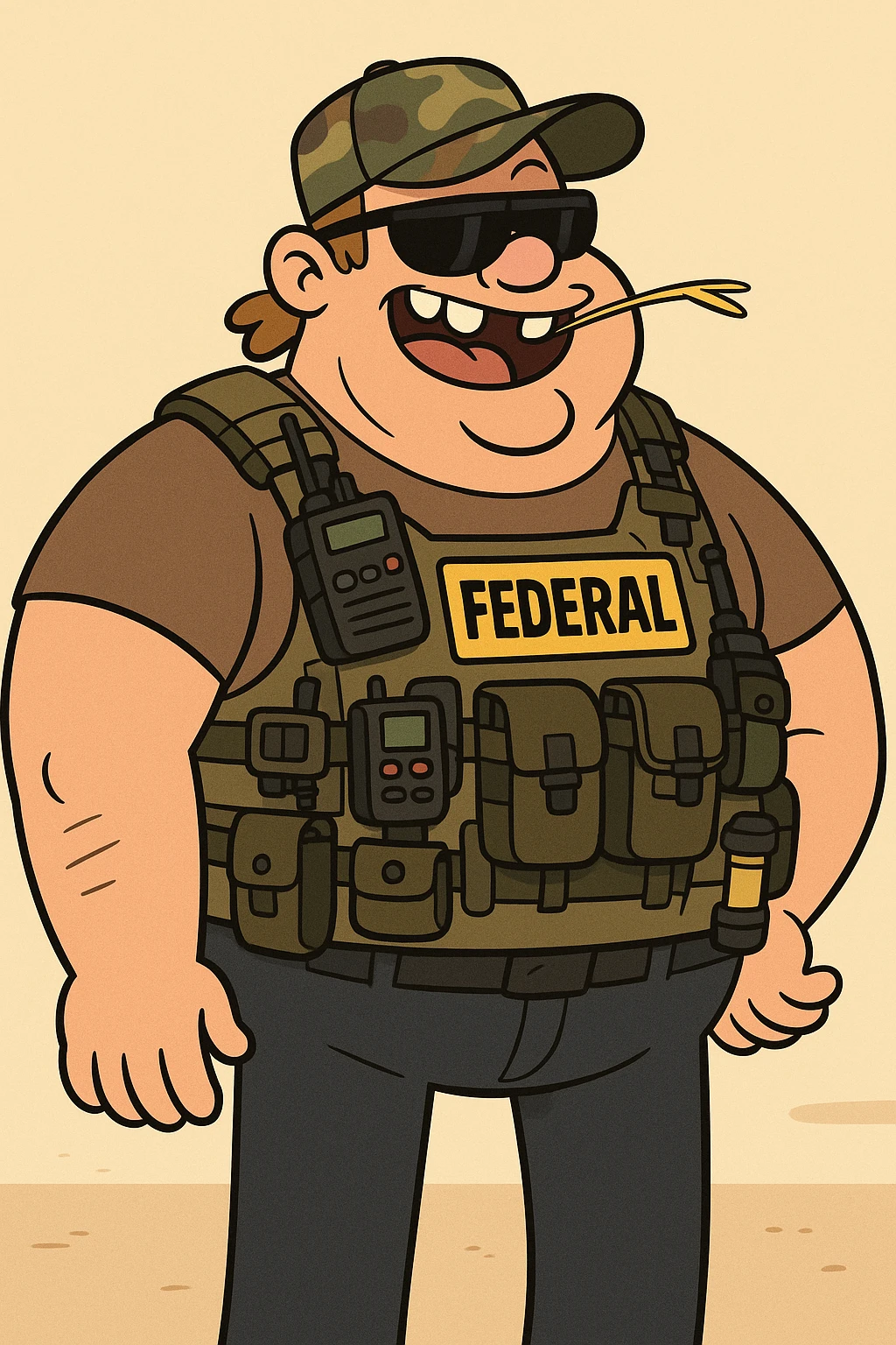 A large, goofy federal agent with big buck teeth, overloaded tactical vest with gadgets, redneck vibe, chewing straw, camo hat, and sunglasses, playful and comic style emoji