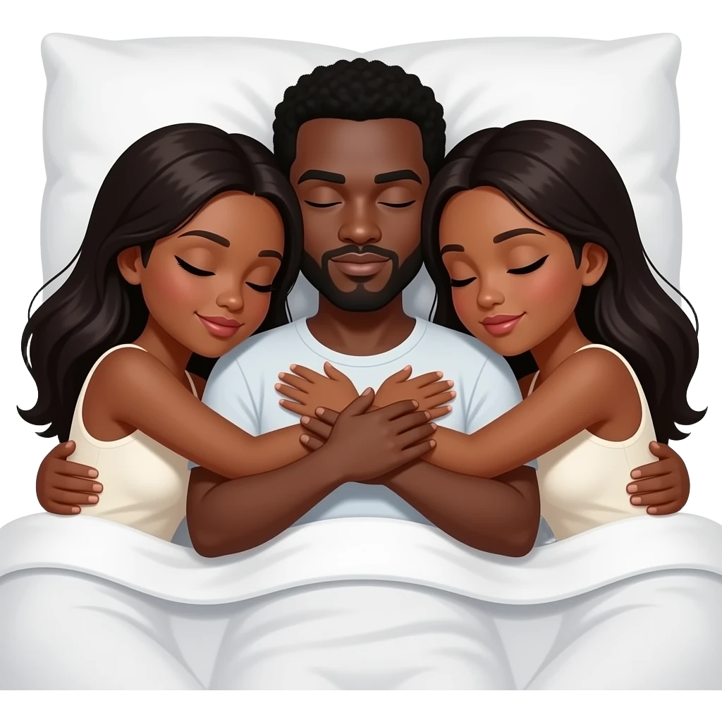 One black male with pale skin in between two black females hugging him laying down in bed emoji