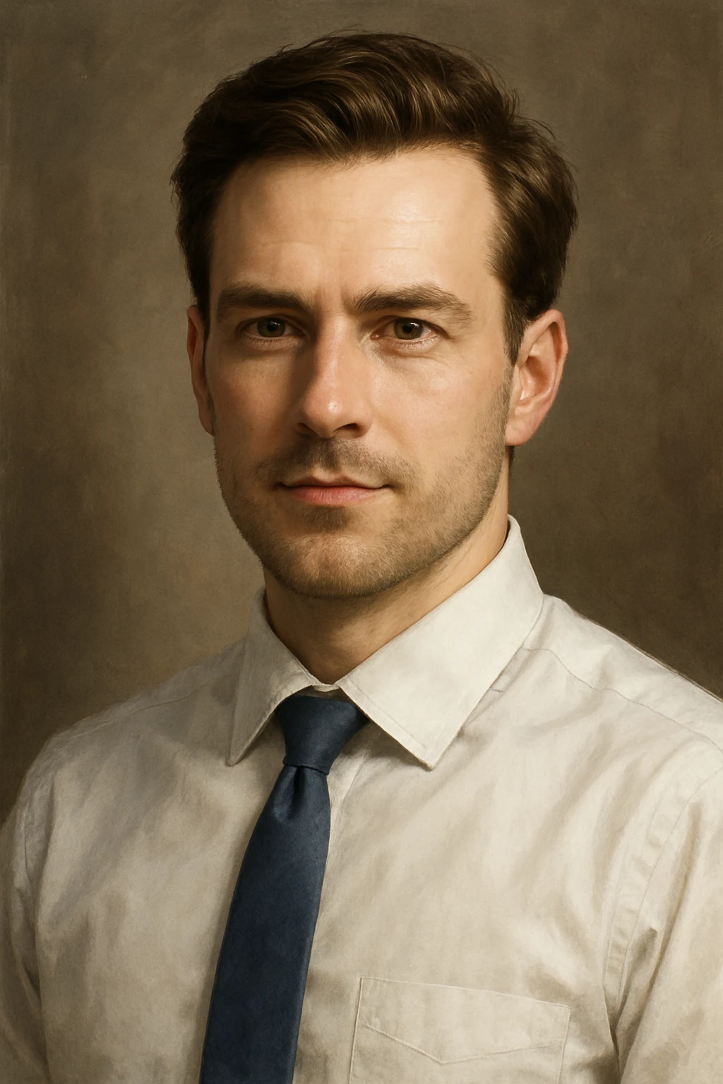 professional looking white pale man with brown hair, formal shirt, confident expression, semi-realistic digital art style emoji