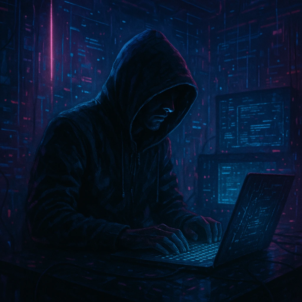 hacker, digital, mysterious, with a hoodie, glowing computer screen, cyberpunk atmosphere emoji
