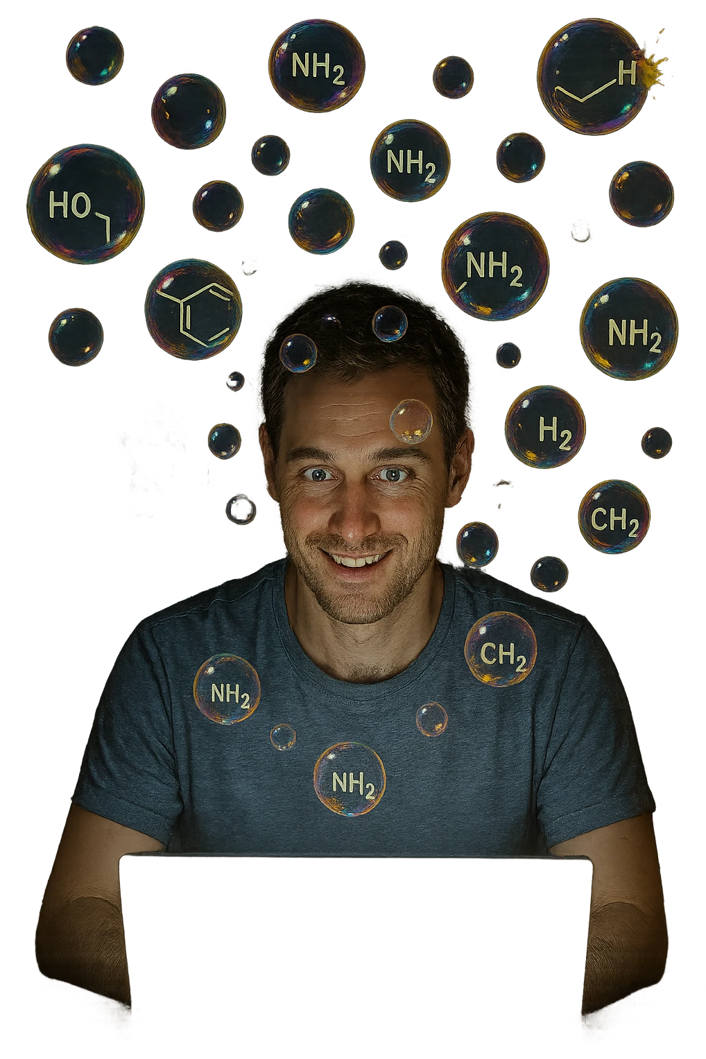 a man sits in front of a glowing screen, with colorful, artificial-looking dopamine molecules floating around his head like soap bubbles. Some bubbles pop and disappear quickly, symbolizing fleeting pleasure. In the background, a shadowy version of the man looks unsatisfied or empty, highlighting the temporary nature of the gratification. realistica con persone vere emoji