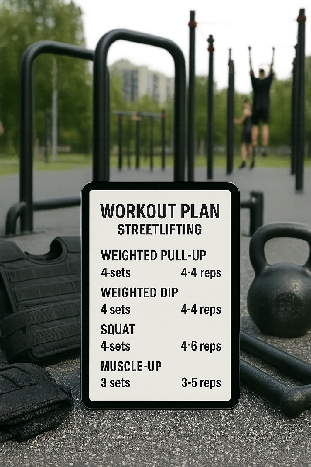 a detailed workout plan for streetlifting displayed on a clipboard or digital tablet, surrounded by gym equipment like weighted vests, dip bars, pull-up bars, and kettlebells. The plan includes exercises such as weighted pull-ups, weighted dips, squats, and muscle-ups, with sets and reps clearly visible. The background is a modern outdoor calisthenics park, with athletes training in the distance. emoji