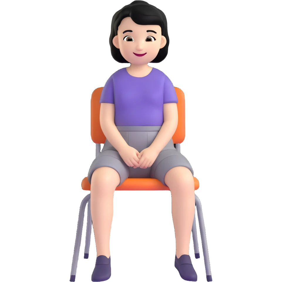 Girl with short black hair smiling sitting on a chair emoji