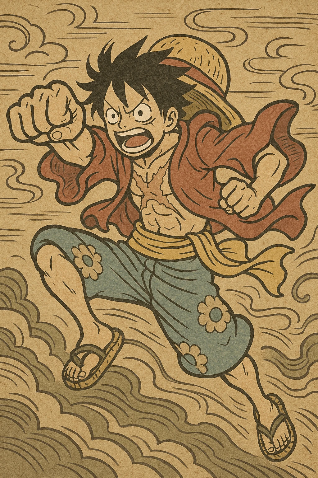Luffy from One Piece, in a dynamic action pose, manga style, energetic emoji
