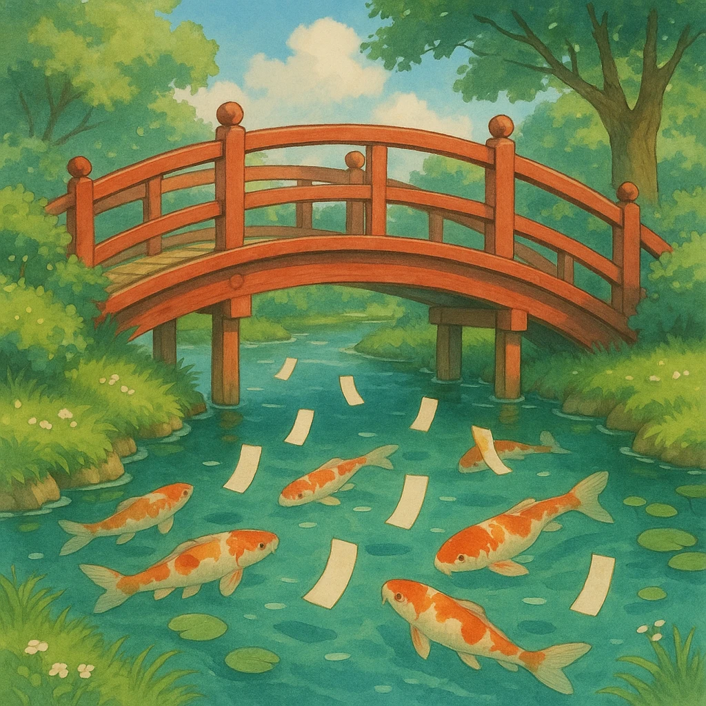 Bridge crossing a koi-filled stream with floating paper wishes. emoji