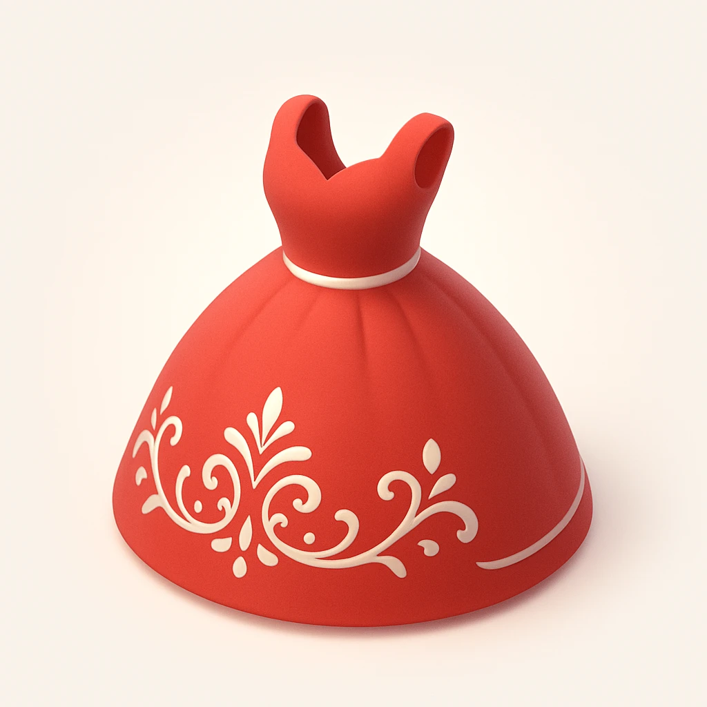 a classic red ballgown with a full skirt and elegant embroidery emoji