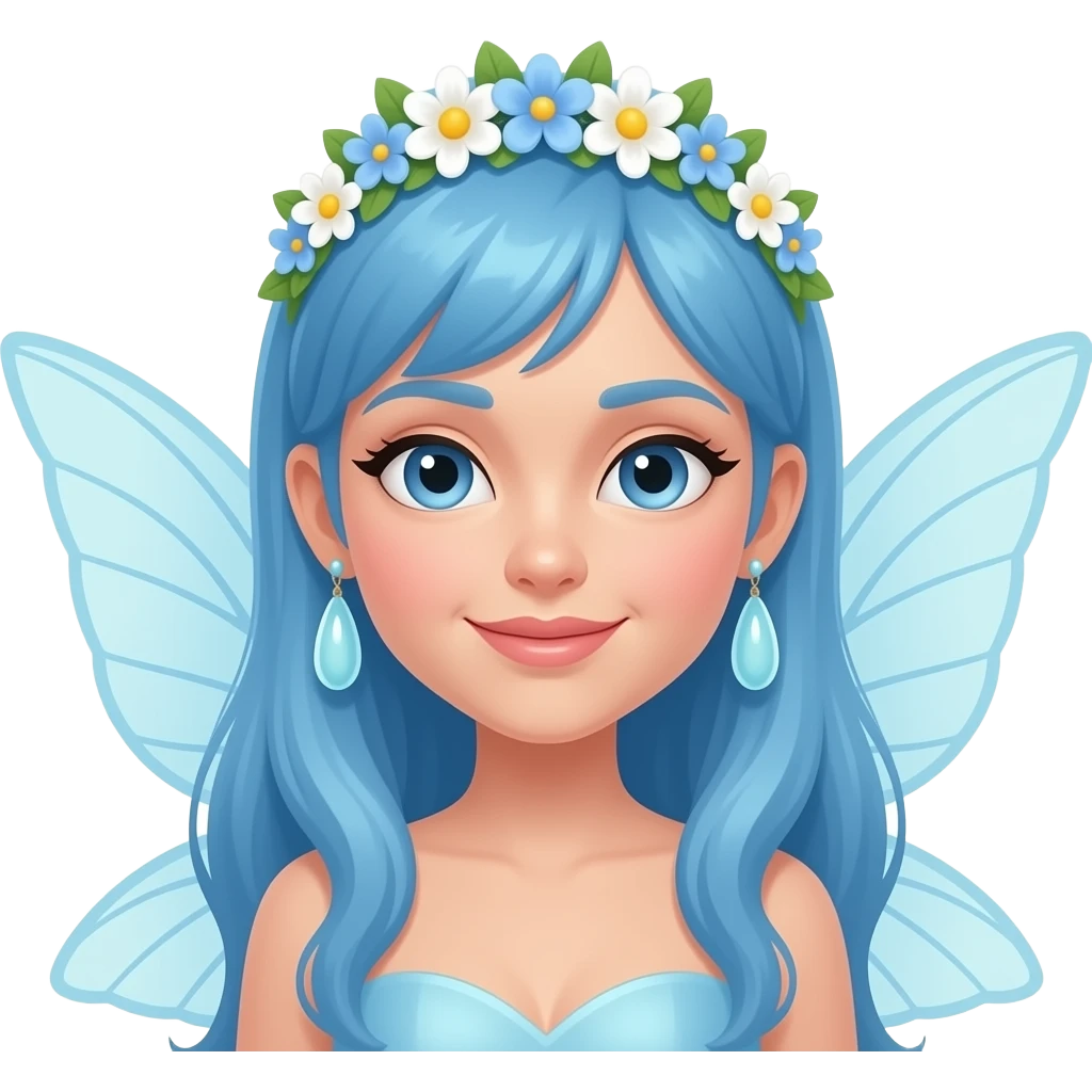 fairy with blue hair, flower tiara and big wings and big earrings emoji