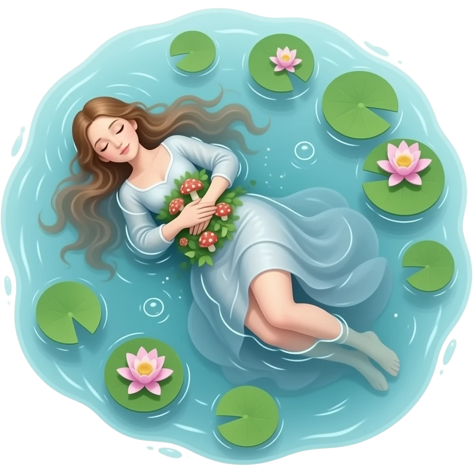 ethereal Ophelia lies in the water wrapped in toadstool and water lily - a scene from the original painting by John Everett Miles emoji