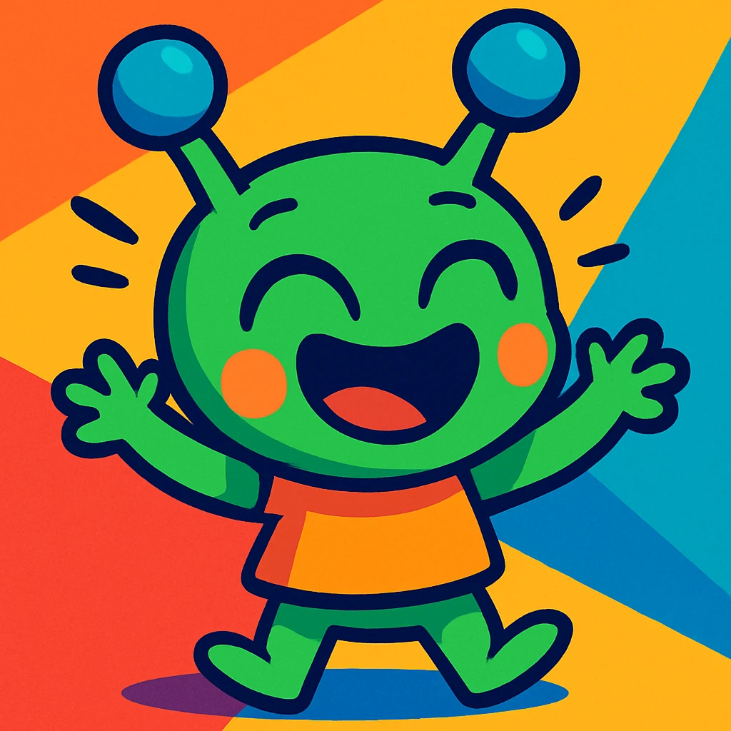 cute cartoon alien showing happiness, vibrant toon style, colorful, expressive, joyful emoji