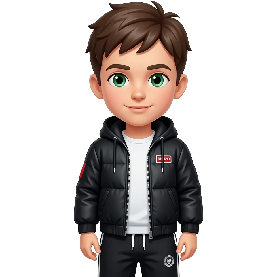 un niño que su pelo és marron i sus ojos verdes. Que vaya con una chaqueta kenzo de color negro i que vaya con pantalones de chandal emoji