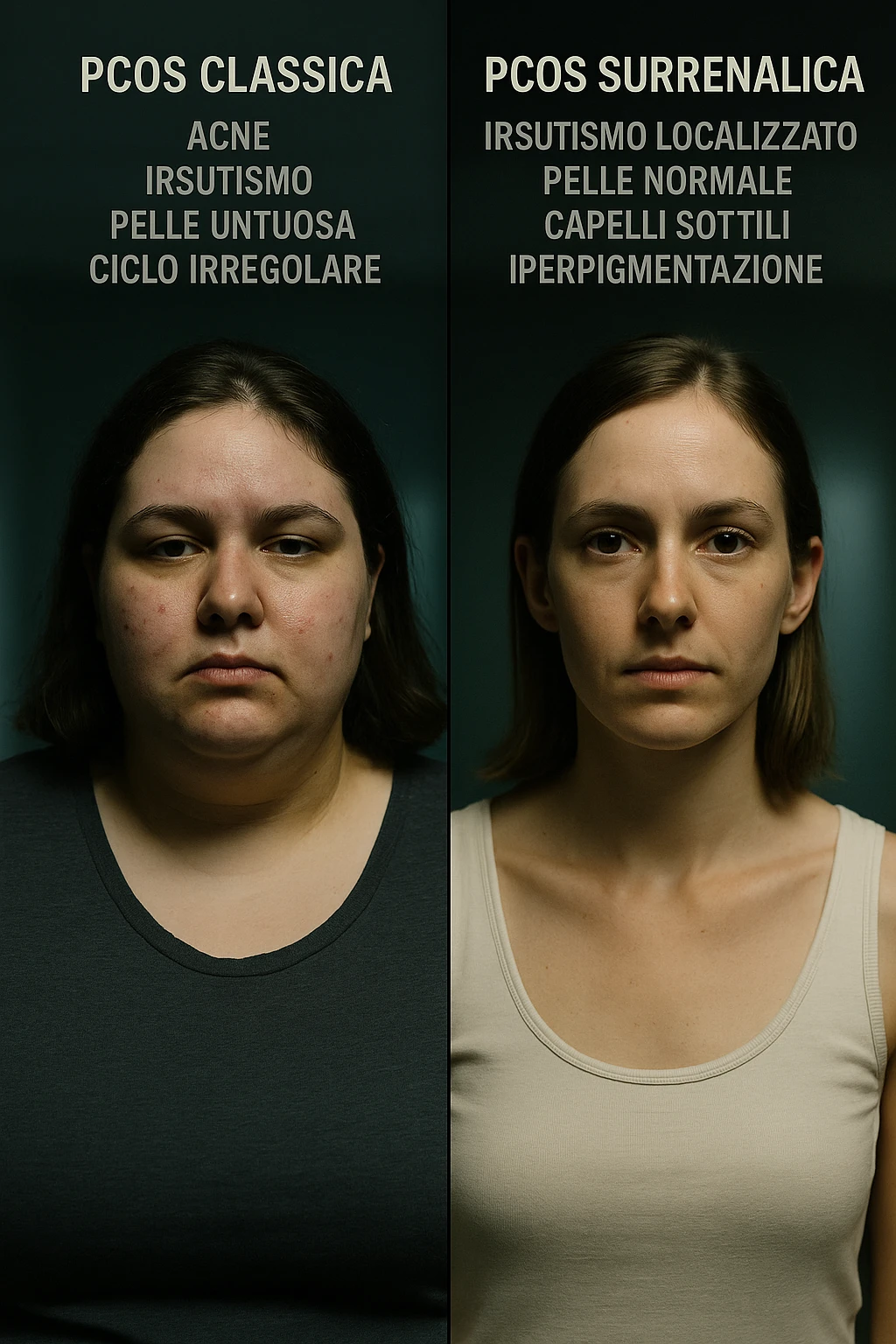 Immagine verticale realistica e cinematografica in italiano: confronto visivo tra PCOS classica e PCOS surrenalica in due donne, con sintomi e segni fisici distinti. Luci cliniche drammatiche. Didascalie in italiano. Aspect ratio 2:3. emoji