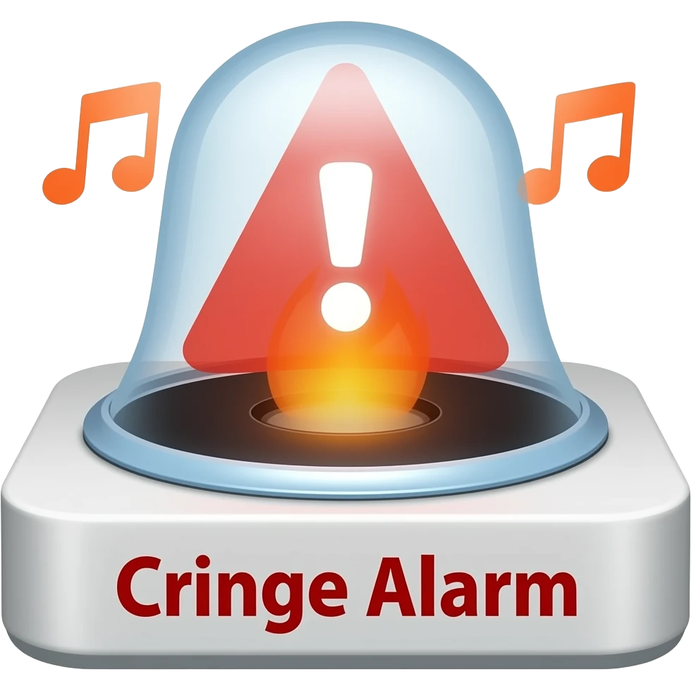 A blaring alarm with visual sound effects, a label below it with text "Cringe Alarm", filled background emoji