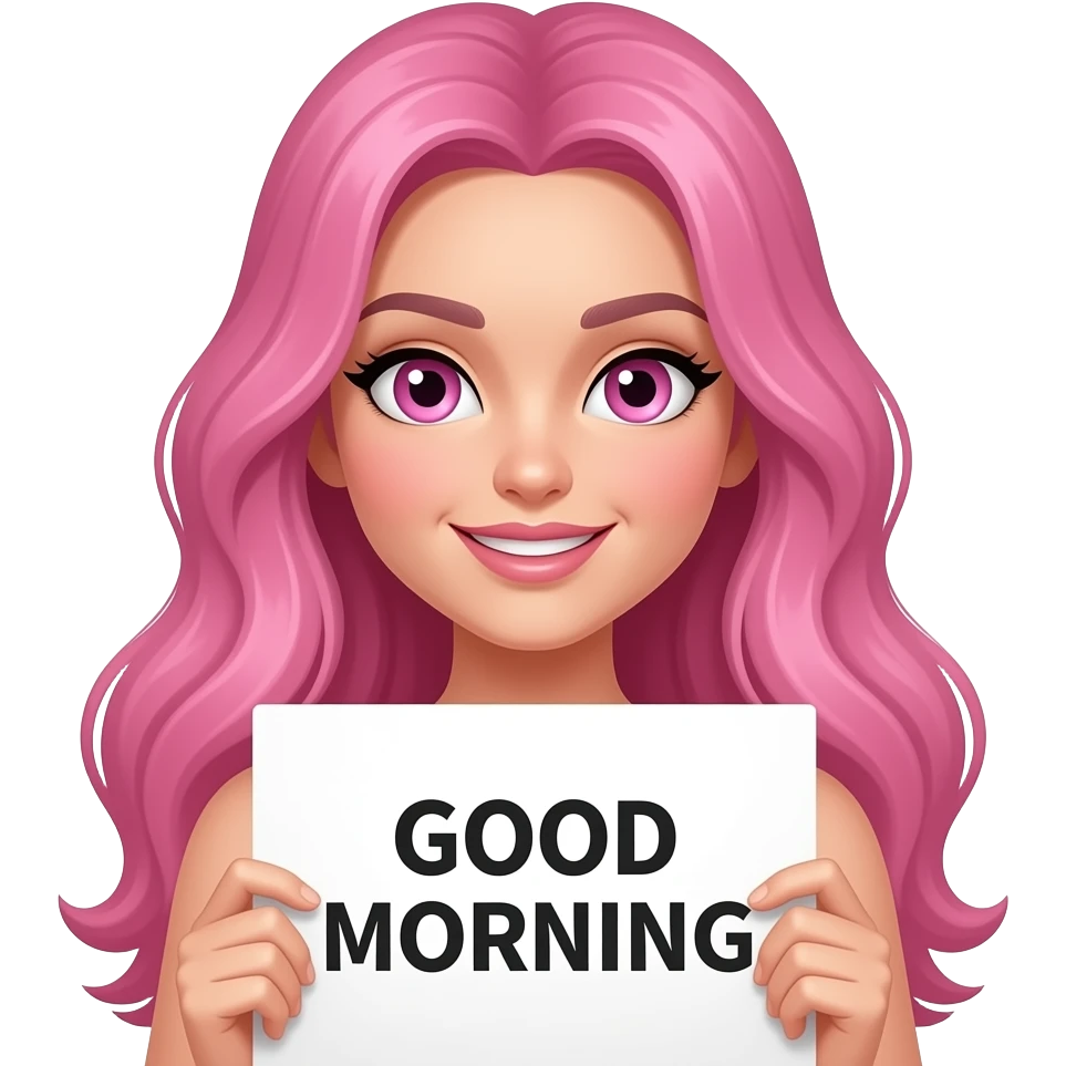 sexy girl with long pink hair and pink eyes holding a GOOD MORNING sign emoji