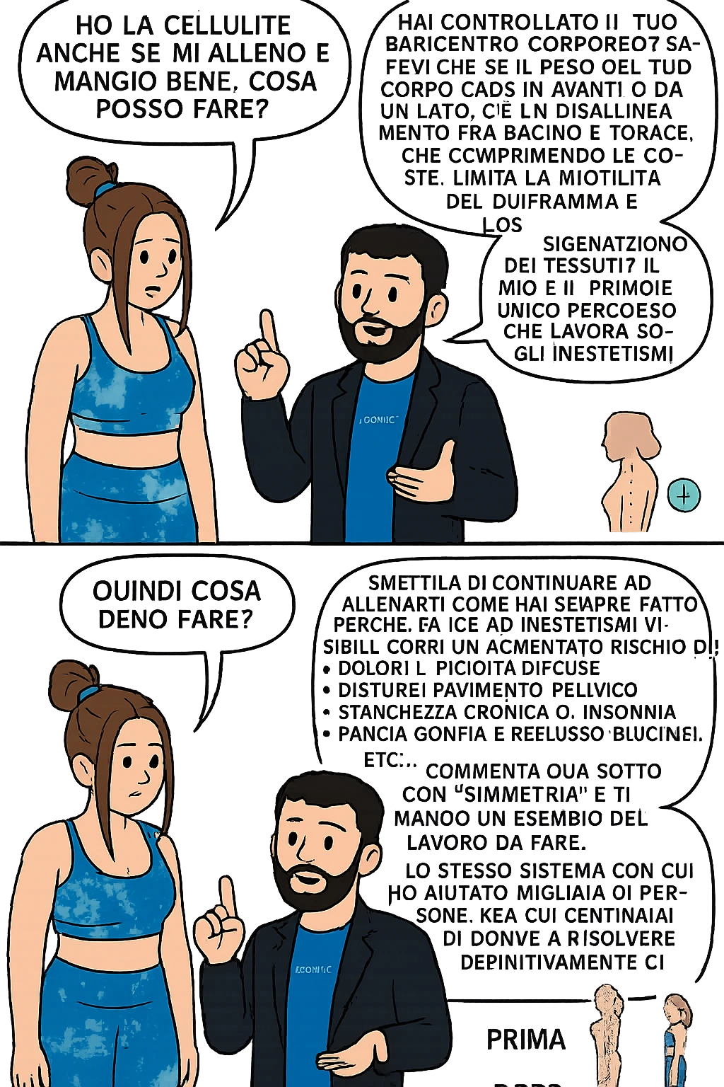 TRASFORMA QUESTO CAROSELLO IN UN FUMETTO CON QUESTE DUE PERSONE IDENTICHE CHE INTERLOQUISCONO TRA LORO:

Ho la cellulite anche se mi alleno e mangio bene, cosa posso fare?

Hai controllato il tuo baricentro corporeo?
Sapevi che se il peso del tuo corpo cade in avanti o da un lato, c’è un disallineamento fra bacino e torace, che comprimendo le coste, limita la motilità del diaframma e l’ossigenazione dei tessuti?
Il mio è il primo e unico percorso che lavora sugli inestetismi con un lavoro mirato sul baricentro corporeo.

Smettila di continuare ad allenarti come hai sempre fatto perché, oltre ad inestetismi visibili, corri un aumentato rischio di:
    • dolori e rigidità diffuse
    • disturbi pavimento pelvico
    • stanchezza cronica o insonnia
    • pancia gonfia e reflusso (bruciore)
    • etc…


Quindi cosa devo fare?
Commenta, qua sotto, con “simmetria” e ti mando un esempio del lavoro da fare. Lo stesso sistema con cui ho aiutato migliaia di persone, fra cui centinaia di donne a risolvere definitivamente gli inestetismi.
Metterei il prima e dopo

Se vuoi che ti aiuti personalmente
SCRIVIMI IN DIRECT emoji