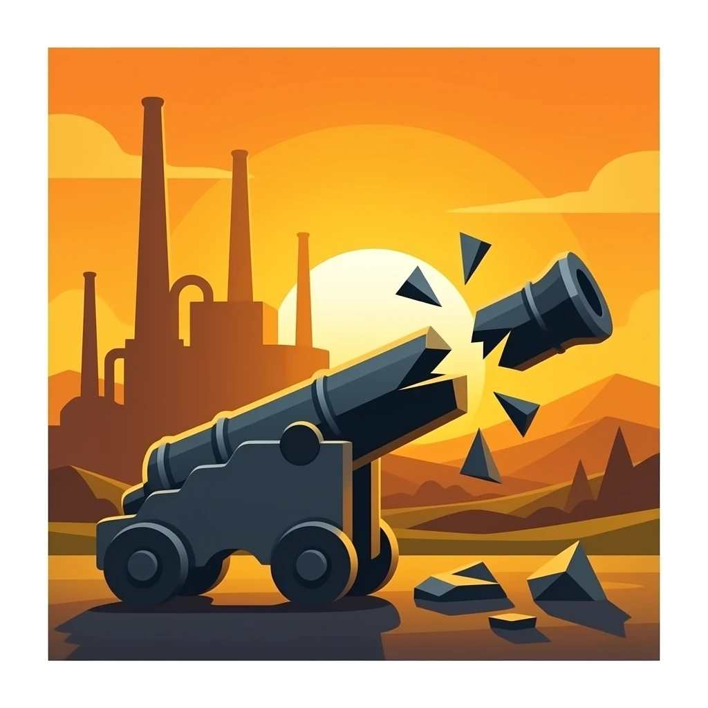 1930s propaganda graphic art, factory silhouette against a bright sunrise, broken cannon foreground, bold geometric shapes, high visual contrast. emoji