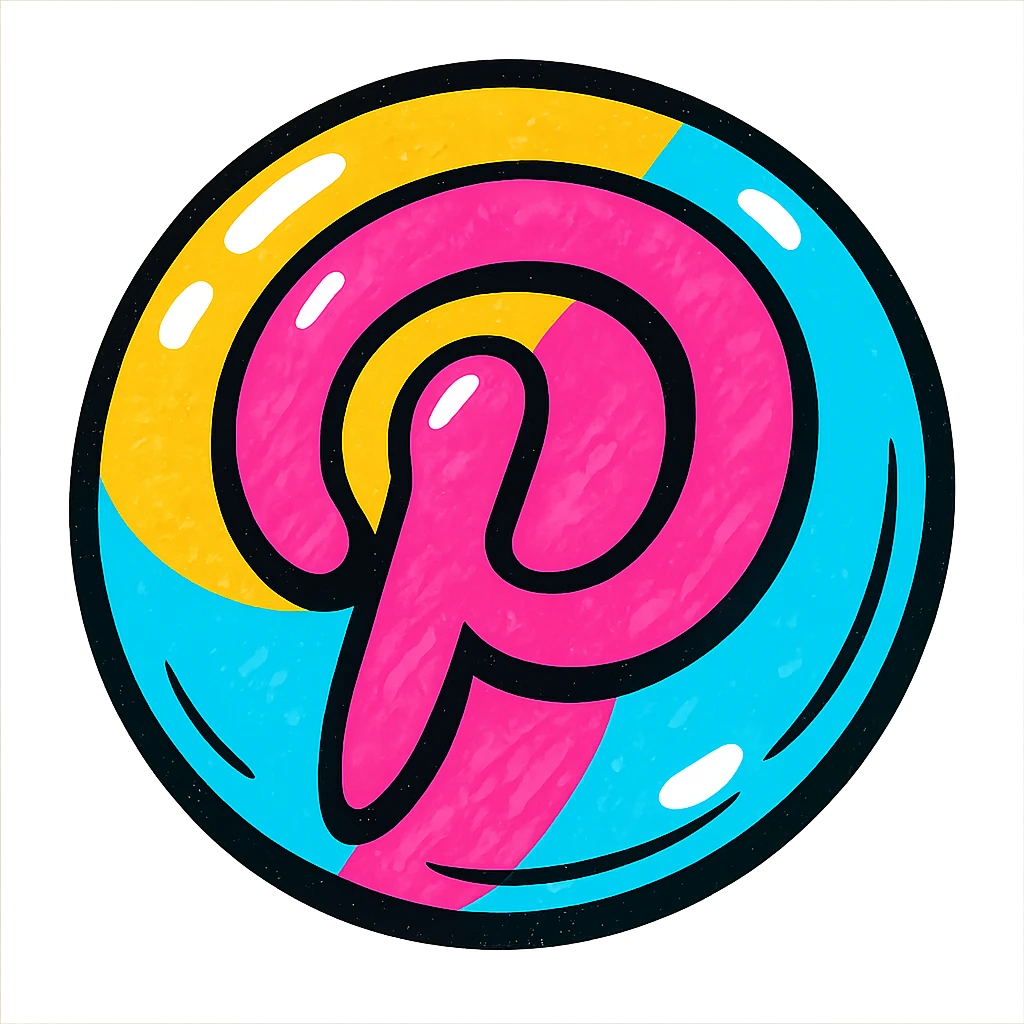 rounded inflated Pinterest logo with clear black outlines, deep shadows, glossy highlights, playful juicy outlined style emoji