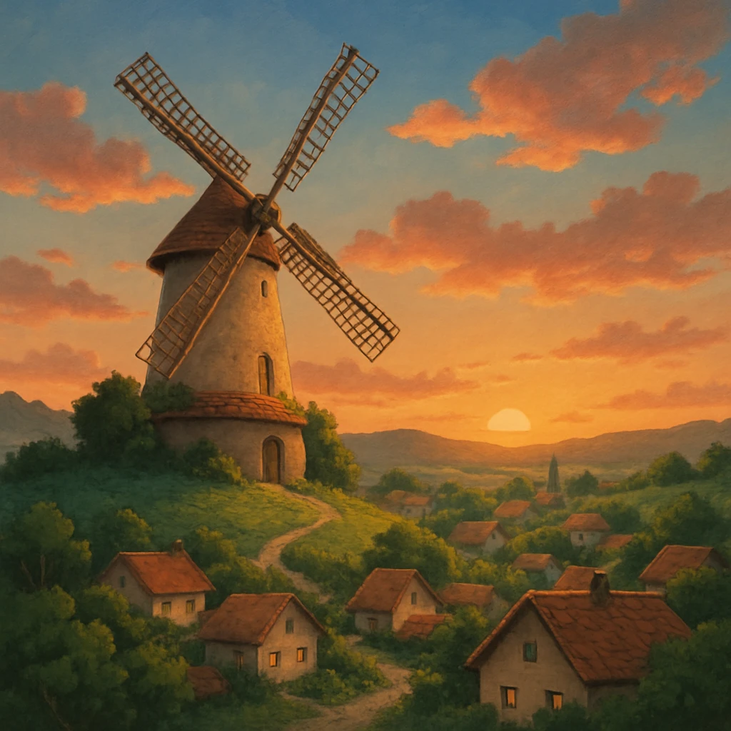 Windmill turning slowly in a quiet hill village at sunset. emoji