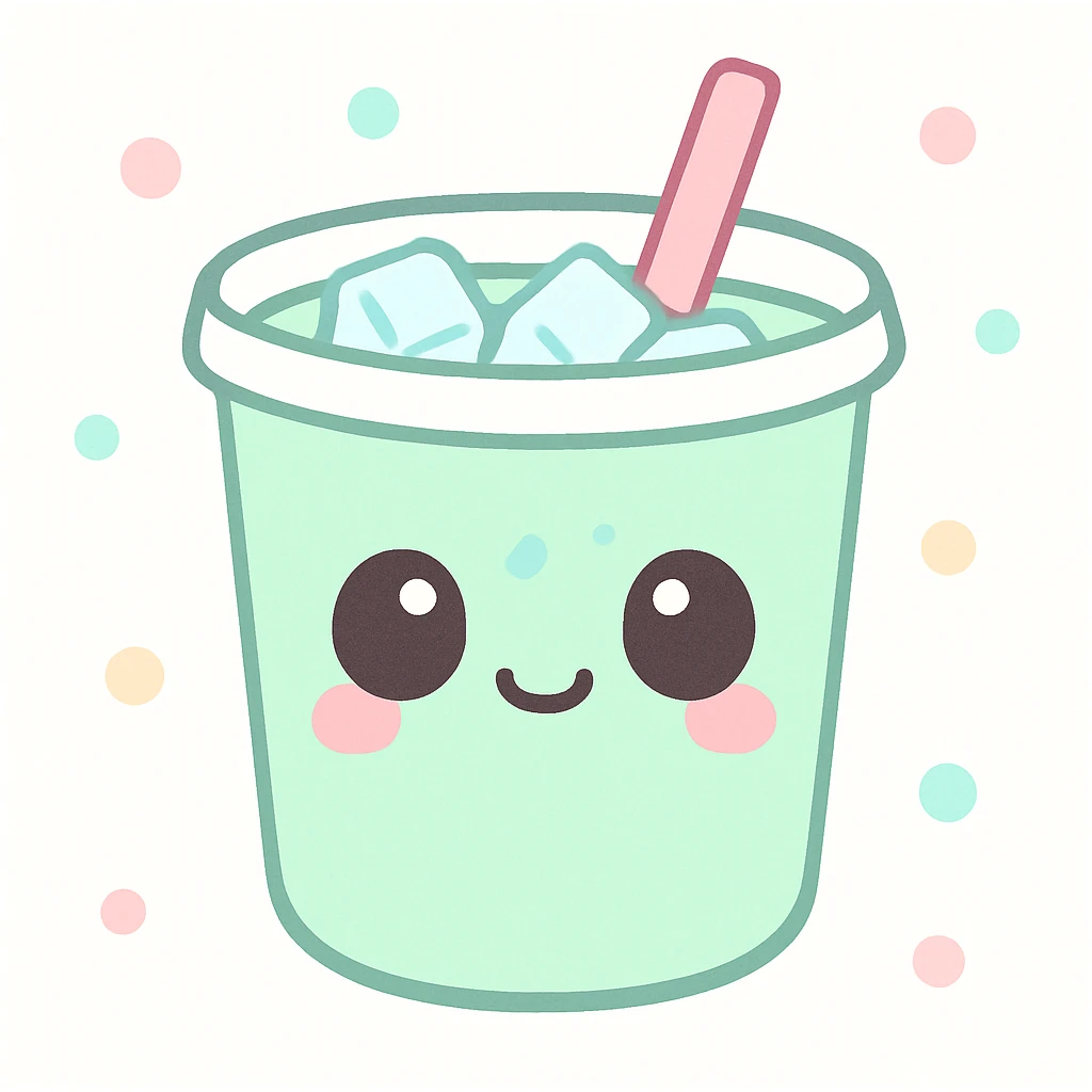 cute kawaii style iced matcha latte with a smiling face, straw, and ice cubes, pastel colors emoji