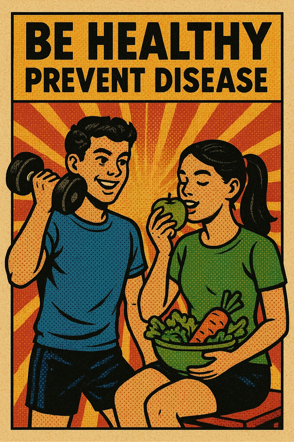 A campaign poster titled 'Be Healthy Prevent Disease' with an image of two teenagers exercising and eating healthy foods emoji