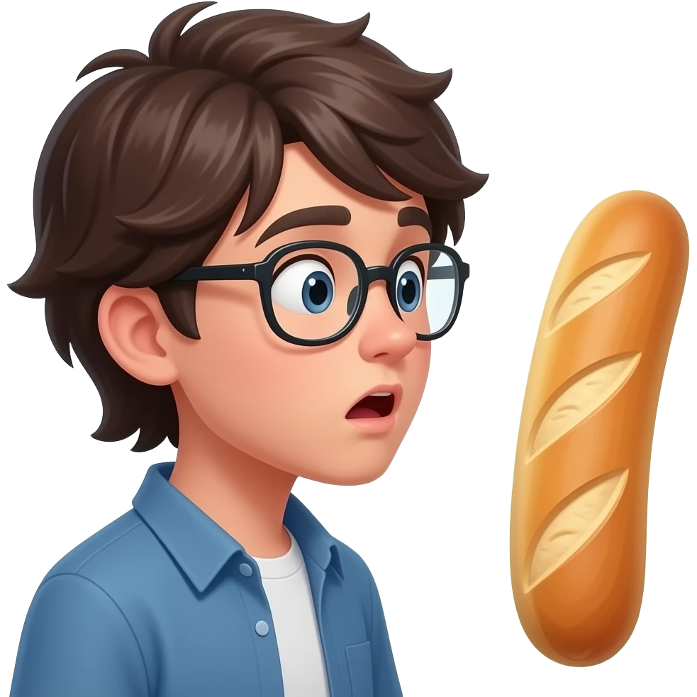 A boy with medium long hair and glasses  really shocked at a baguette with a sausage inside, make the baguette glow and make it side view(only the head) emoji
