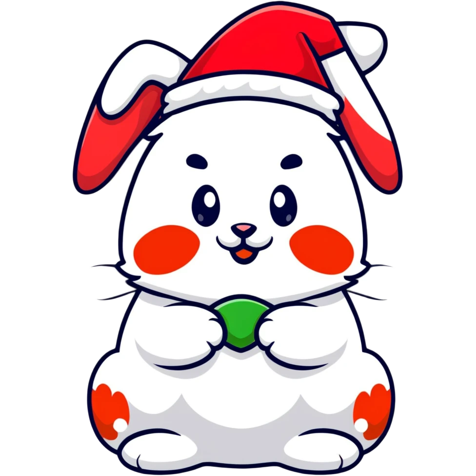 fluffy white angora rabbit wearing red and green Christmas hat being held emoji