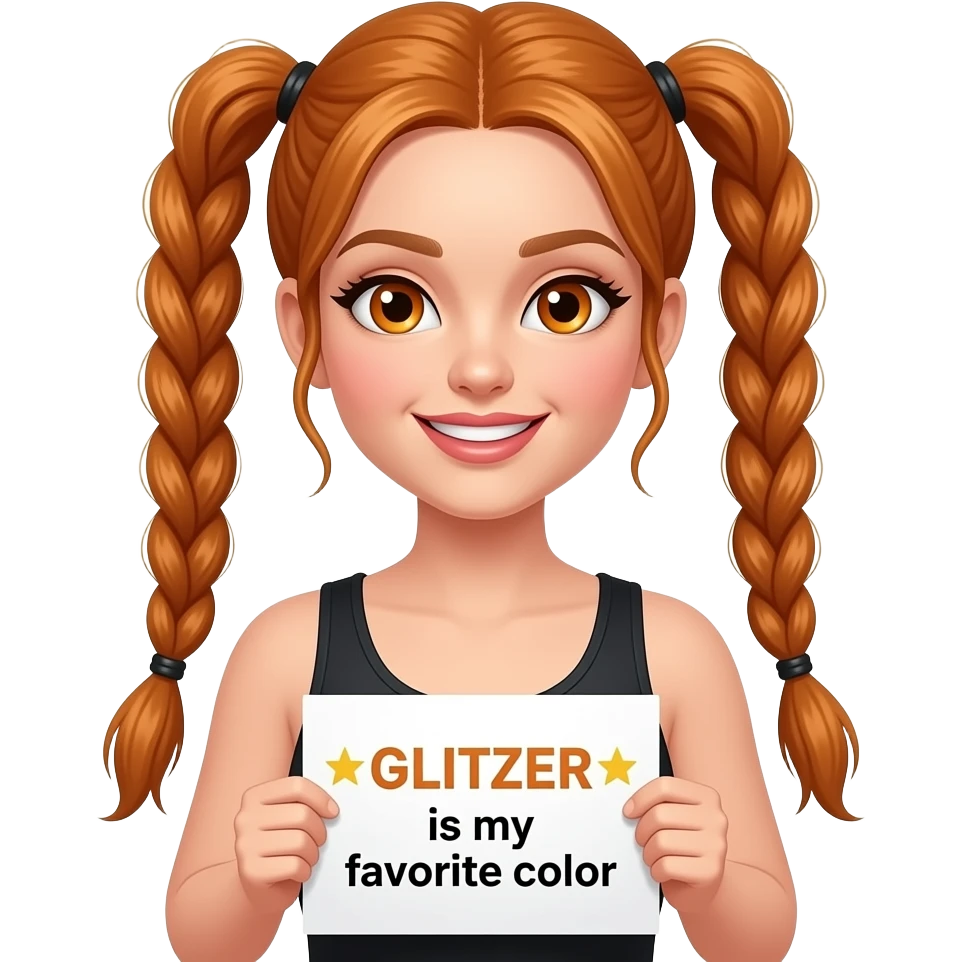 sexy girl with long ginger braids and ginger eyes wearing a black tanktop and is holding a white sign with ☆GLITZER☆ ist meine LIEBLINGSFARBE written on it emoji