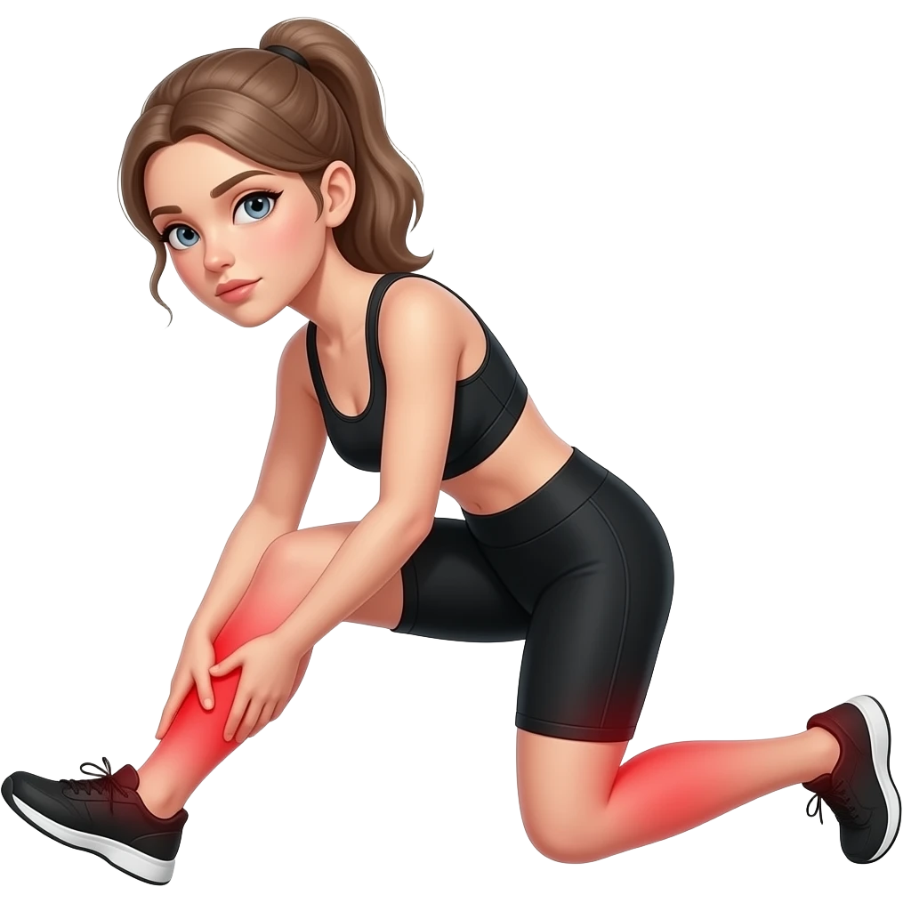 leg pain, full red glow covering both legs from hips to feet, woman holding one leg, fair-skinned woman, gray-blue eyes, ash brown brows, ash light brown hair tied back, slim athletic body, black workout set emoji
