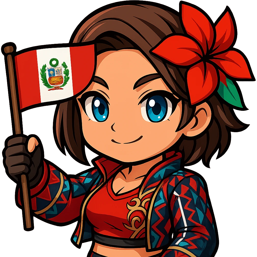 Azucena from Tekken 8 in chibi sticker style, holding a Peruvian flag with a proud expression, wearing the detailed red and patterned outfit from the reference images, designed for Twitch emote use. emoji