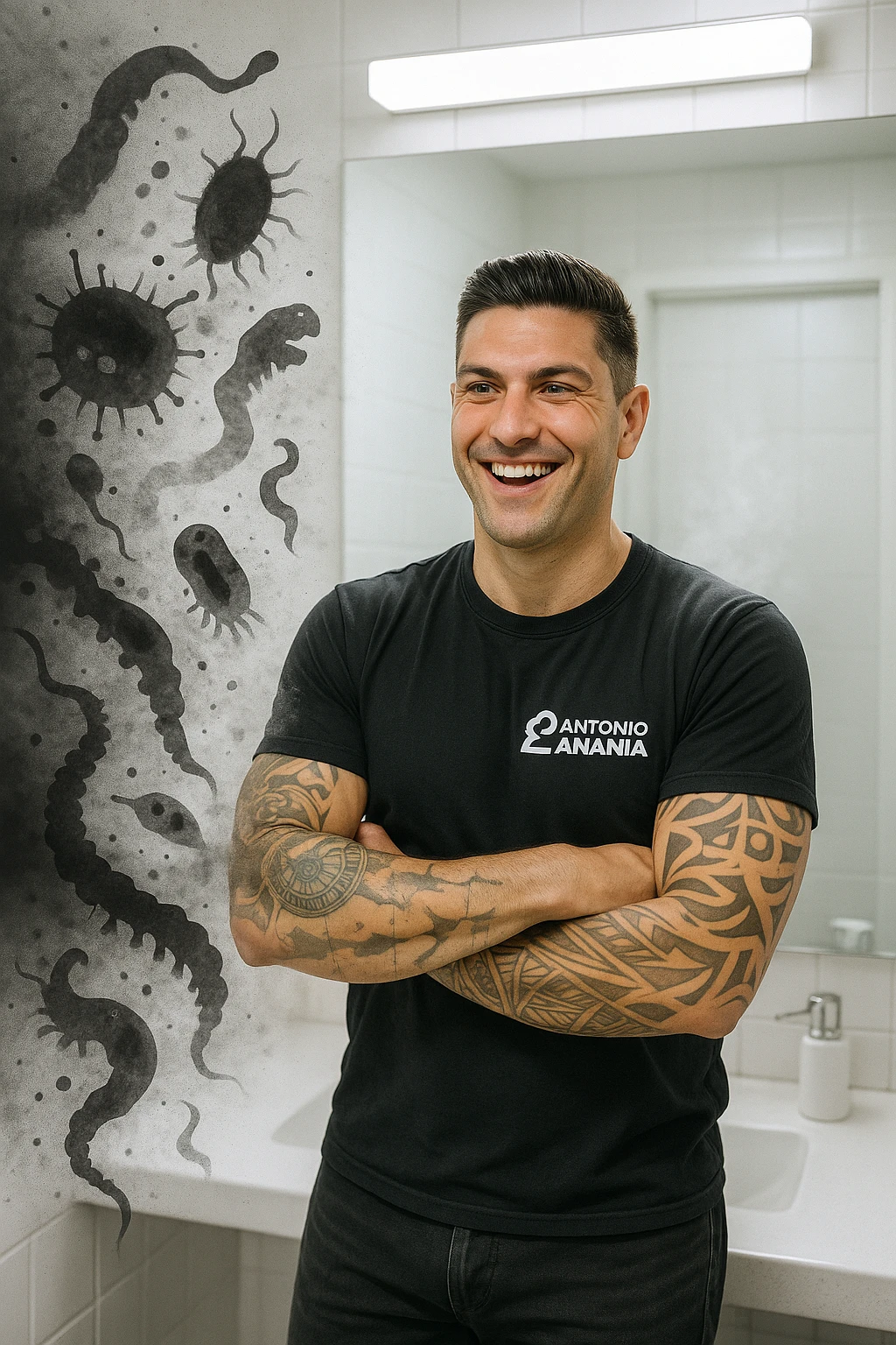 a man stands in a brightly lit bathroom, looking relieved and revitalized as he examines his reflection in the mirror. In the foreground, stylized, shadowy images of parasites (such as worms or protozoa) are shown leaving his body, dissolving into mist or fading away. His posture is upright and his expression is one of newfound energy and health. emoji