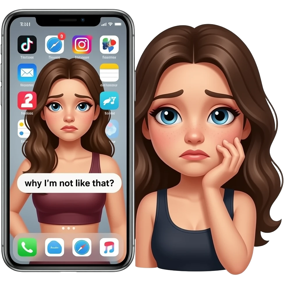 una chica viendo a una influencer en su celular con un buen cuerpo  y maquillaje,la chica esta triste y a su  alrededor hay app como  tiktok ,instagram y otras que dice por que yo no soy asi emoji