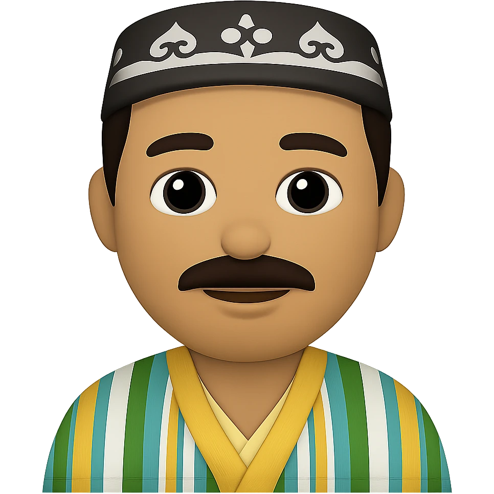 Сгенерируй мне в стиле ЭПЛ ЭМОДЗИ Узбека, на пнг фоне. У него будет тюбитейка и халат. На пнг фоне (без фона) emoji