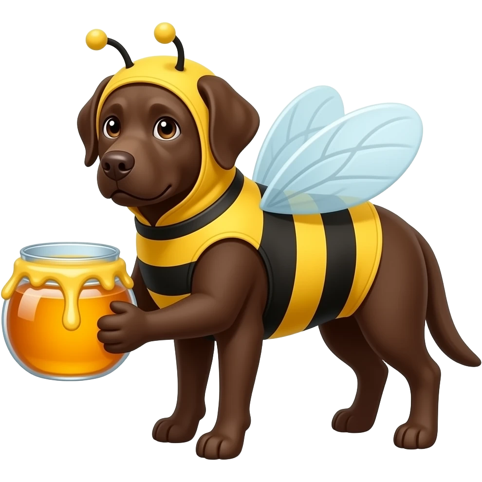 chocolate labrador dressed in a bee suit with a pot of honey emoji